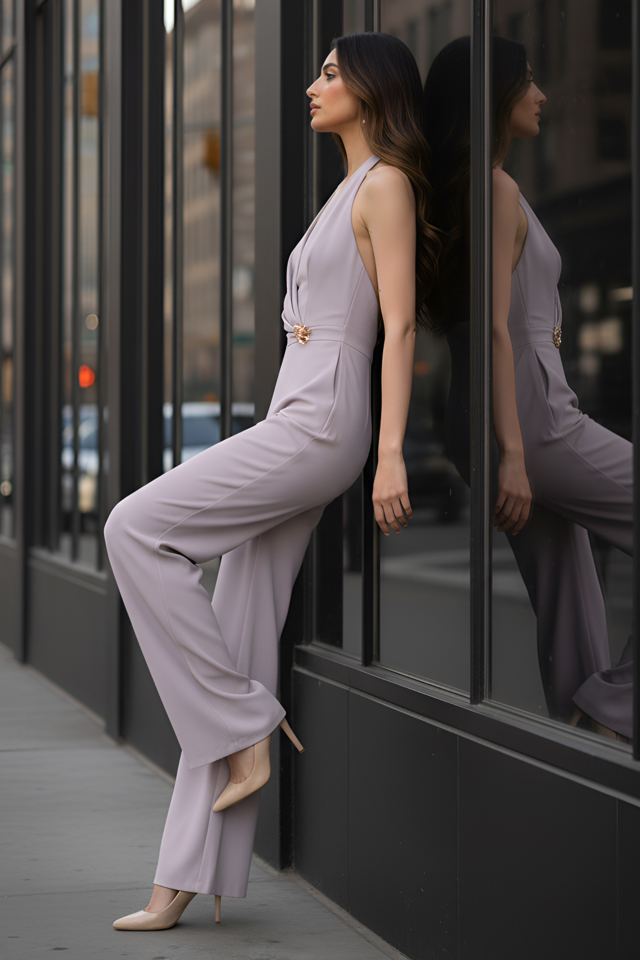 Salmon Pink Halter Jumpsuit – Gold Brooch